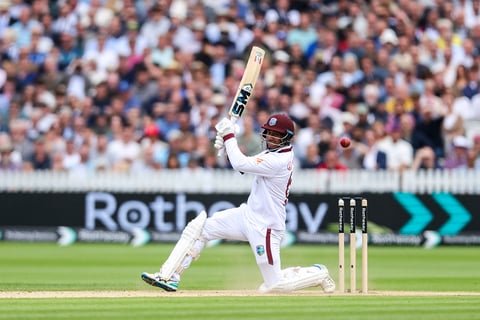 Gudakesh Motie playing a shot against England